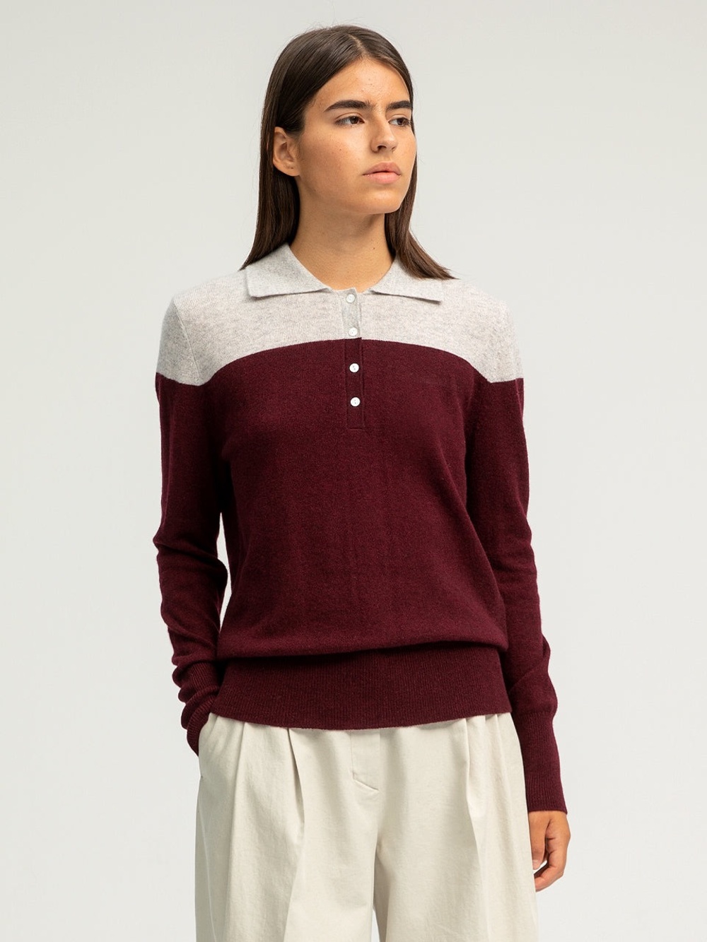Classic Two-Tone Polo Sweater in Burgundy and Light Gray
